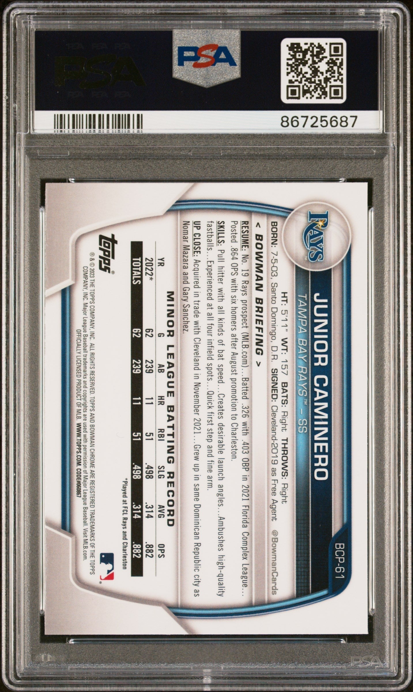 Graded 2023 Topps Bowman Chrome M/B Junior Caminero #61 Chrome Rookie RC Baseball Card PSA 10 Gem Mint