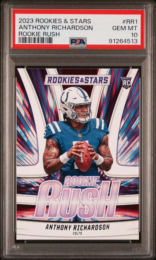 Graded 2023 Panini Rookies & Stars Anthony Richardson #RR1 Rookie Rush Rookie RC Football Card PSA 10 Gem Mint