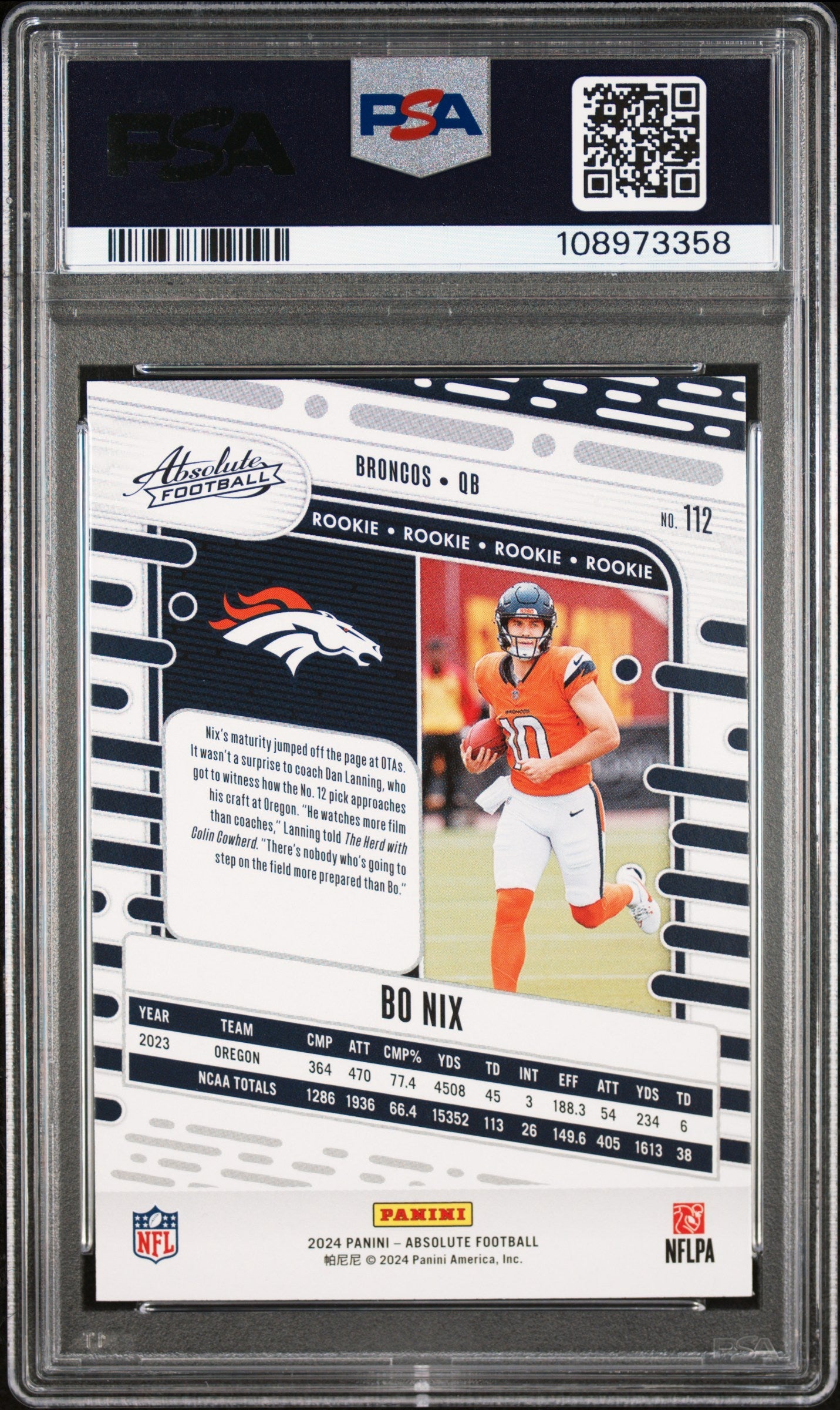 Graded 2024 Panini Absolute Bo Nix #112 Black Rookie RC Football Card PSA 9 Mint