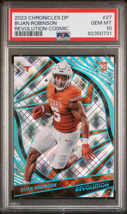 Graded 2023 Panini Chronicles Draft Picks Bijan Robinson #27 Revolution Cosmic #/99 Rookie RC Football Card PSA 10 Gem Mint