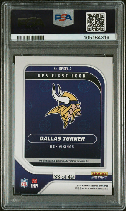 Graded 2024 Panini Instant NFL Dallas Turner #RPSFL7 RPS First Look /49 Rookie RC Football Card PSA 10 Auto Grade Gem Mint