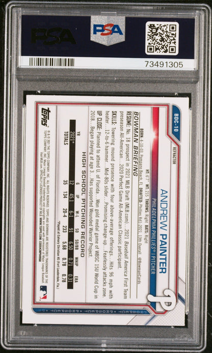 Graded 2021 Topps Bowman Draft Andrew Painter #BDC10 Chrome Refractor Rookie RC Baseball Card PSA 10 Gem Mint
