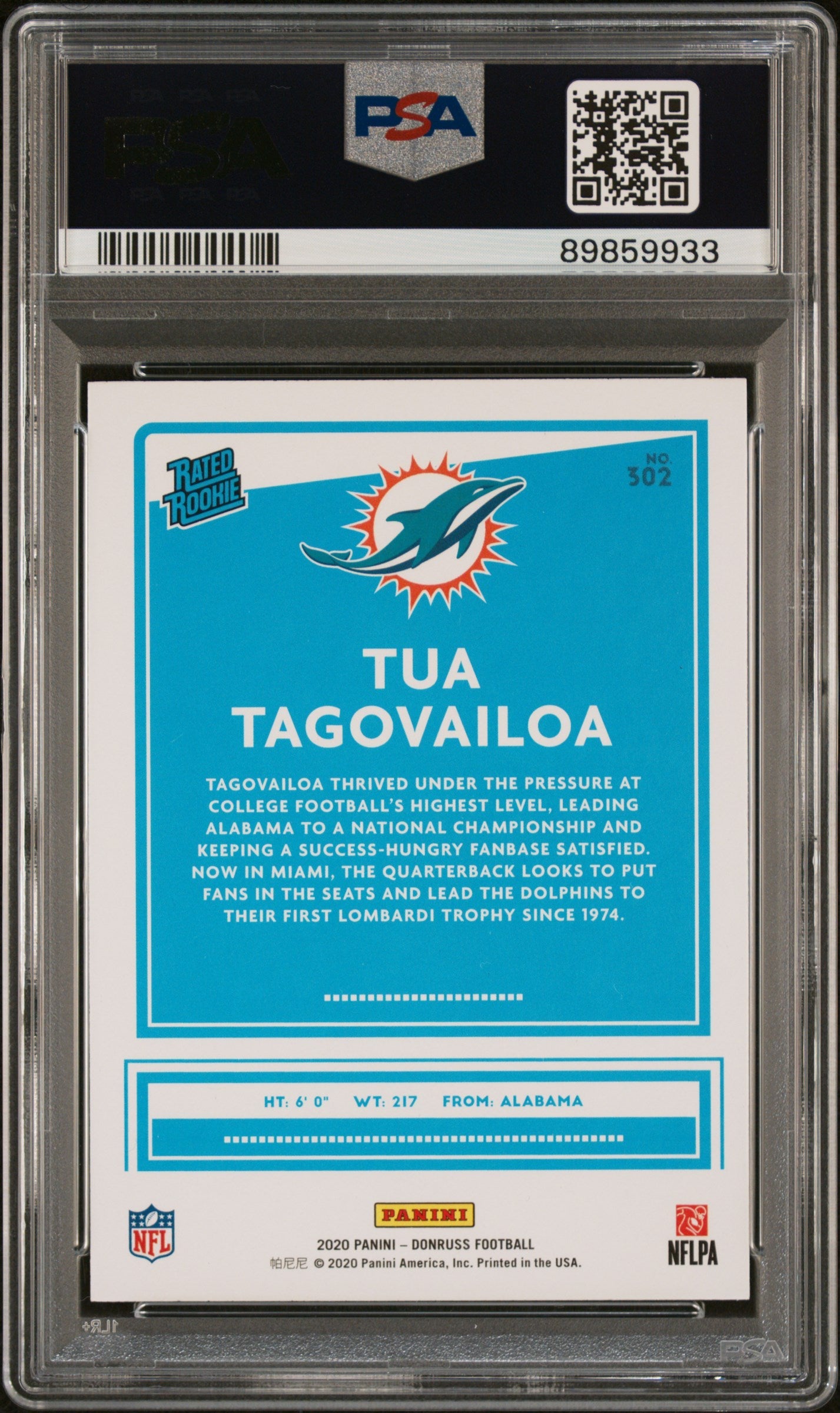 Graded 2020 Panini Donruss Tua Tagovailoa #302 Rookie RC Football Card PSA 9 Mint