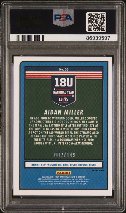 Graded 2023 Panini Stars & Stripes USA Aidan Miller #56 Red #/149 Rookie RC Baseball Card PSA 10 Gem Mint