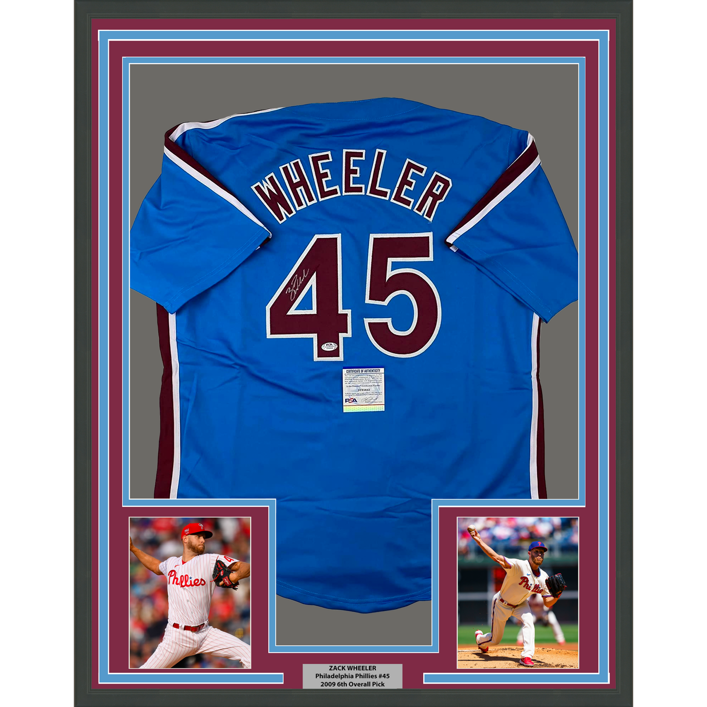 Framed Autographed/Signed Zack Wheeler 35x39 Philadelphia Blue Retro Baseball Jersey PSA/DNA COA