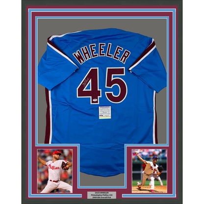 Framed Autographed/Signed Zack Wheeler 35x39 Philadelphia Blue Retro Baseball Jersey PSA/DNA COA