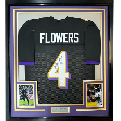 Framed Autographed/Signed Zay Flowers 35x39 Baltimore Black Football Jersey JSA COA
