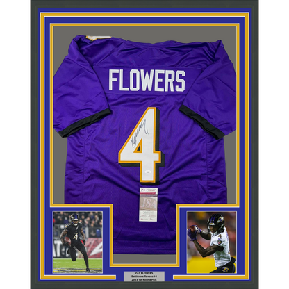 Framed Autographed/Signed Zay Flowers 35x39 Baltimore Purple Football Jersey JSA COA