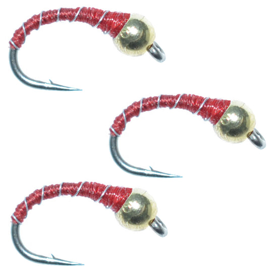 3 Pack Bead Head Red Zebra Midge Still Water Nymph Fly Fishing Fly Hook Size 18