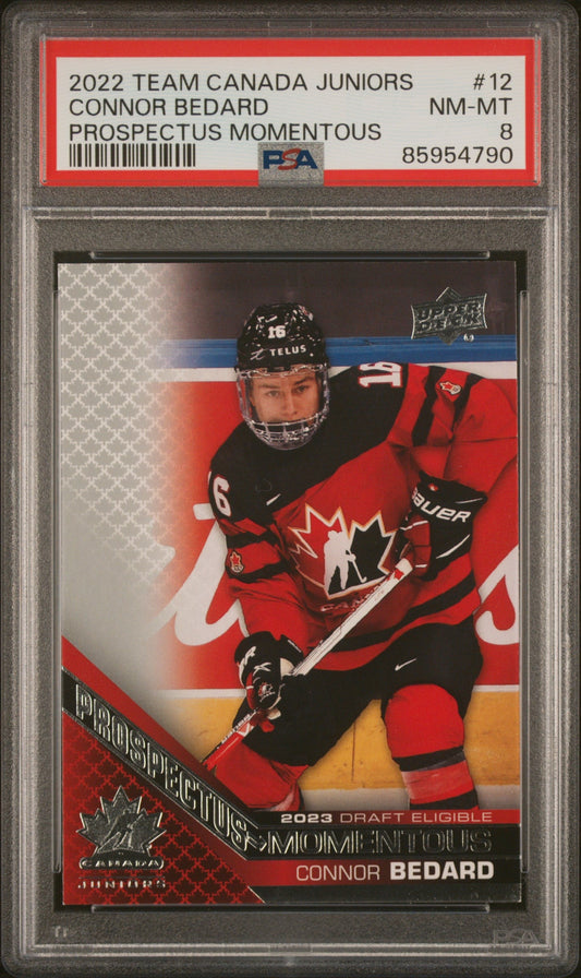 Graded 2022 Upper Deck Team Canada Juniors Connor Bedard #12 Prospectus Momentous Rookie RC Hockey Card PSA 8 Near Mint