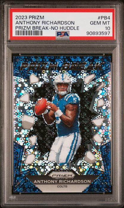 Graded 2023 Panini Prizm Anthony Richardson #PB4 Prizm Break No Huddle Rookie RC Football Card PSA 10 Gem Mint