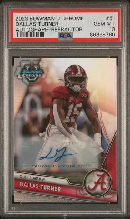 Graded 2023 Topps Bowman U Chrome Dallas Turner #51 Auto Refractor #/499 Rookie RC Football Card PSA 10