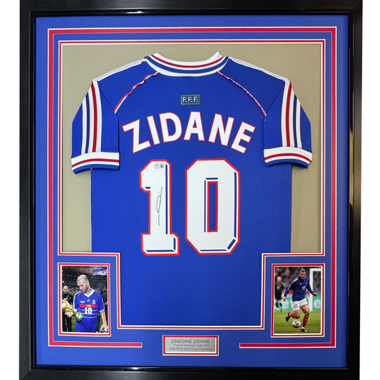 Framed Autographed/Signed Zinedine Zidane 35x39 France French National Team Blue Soccer Jersey Beckett BAS COA