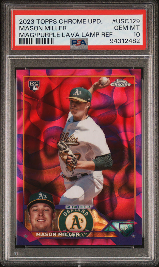Graded 2023 Topps Chrome Update Mason Miller #USC129 Magenta/Purple Lava Lamp Refractor #/199 Rookie RC Baseball Card PSA 10 Gem Mint