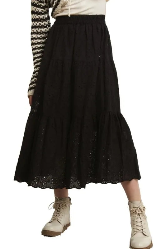 ADORA Elastic Waistband Tiered Midi Skirt