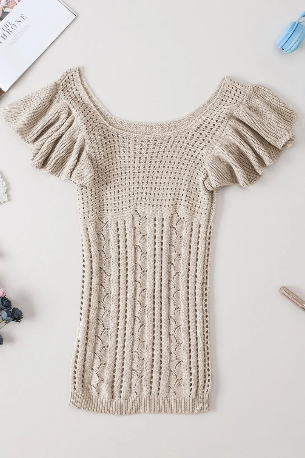 Openwork Ruffled Scoop Neck Knit Top