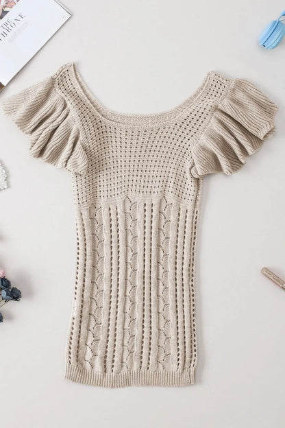 Openwork Ruffled Scoop Neck Knit Top