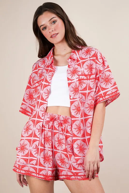 VERY J Full Size Tropical Printed Shirt Top and Shorts Set Plus Size