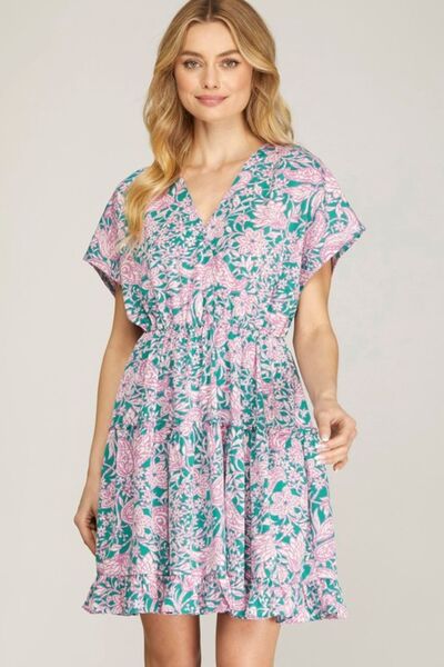She Sky Full Size Ruffled Hem Printed Surplice Kimono Sleeve Mini Dress Plus Size