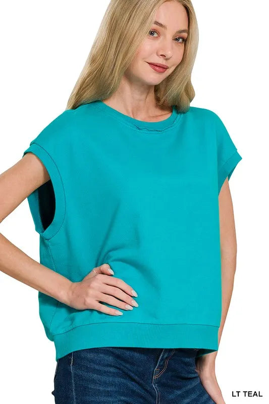 Zenana French Terry Round Neck Cap Sleeve T-Shirt