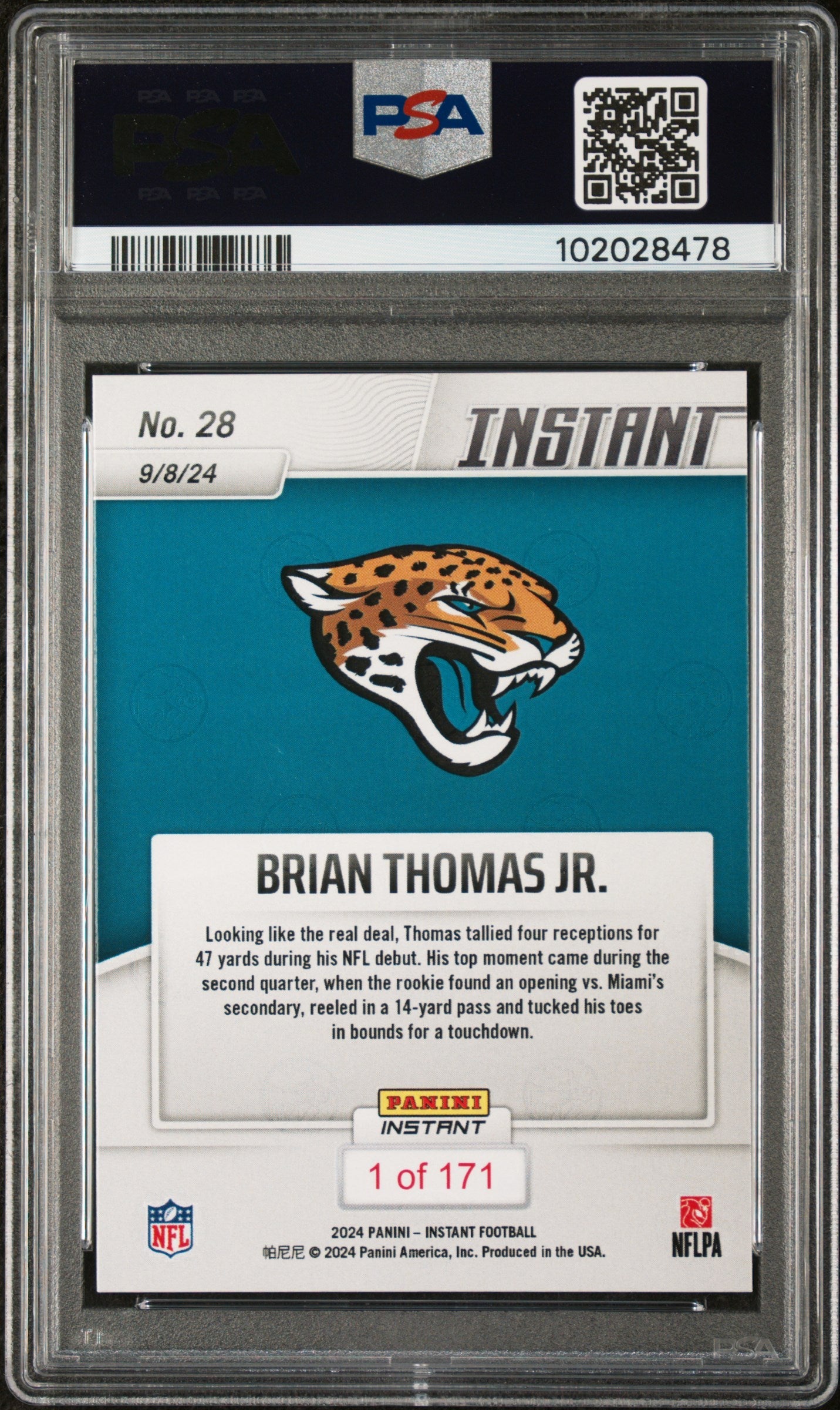 Graded 2024 Panini Instant NFL Brian Thomas Jr #28 Rookie RC Football Card PSA 10 Gem Mint