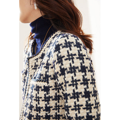 Navy Houndstooth Tweed Blazer Jacket - Round Neck Open Front