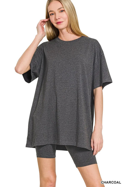 Zenana Cotton Round Neck Top & Biker Shorts