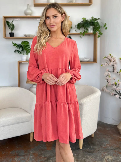 Full-Size V-Neck Balloon Sleeve Tiered Dress with Pockets