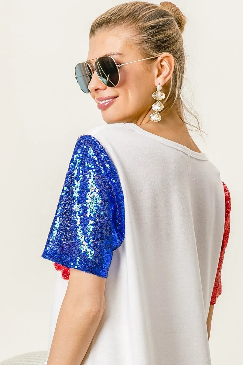 BiBi Metallic Letter V-neck Sequin Sleeves Top