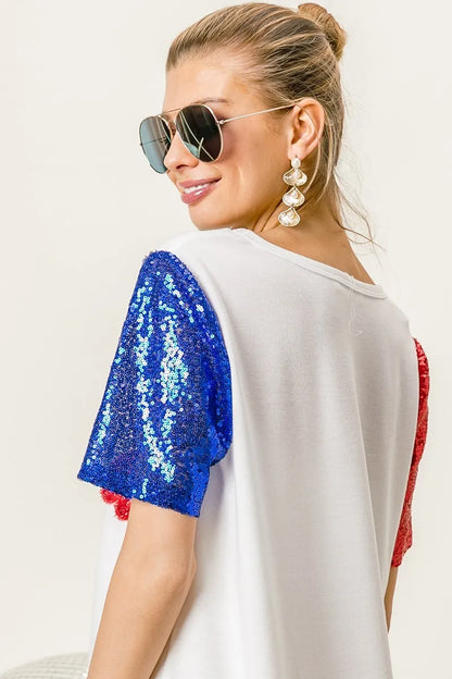 BiBi Metallic Letter V-neck Sequin Sleeves Top