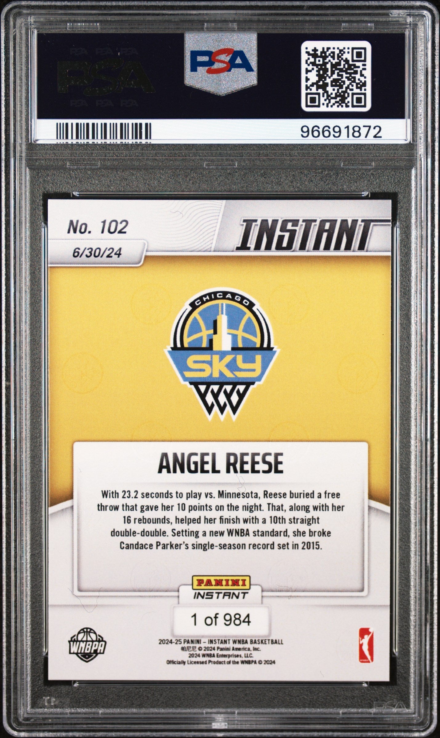 Graded 2024 Panini Instant WNBA Angel Reese #102 Rookie RC Basketball Card PSA 9 Mint