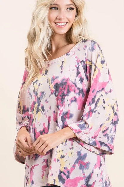 BiBi Tie Dye Print Terry A Line Top with Bell Sleeves