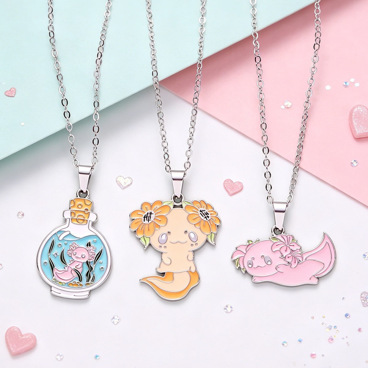 Cute Enamel Axolotl Pendant Necklace