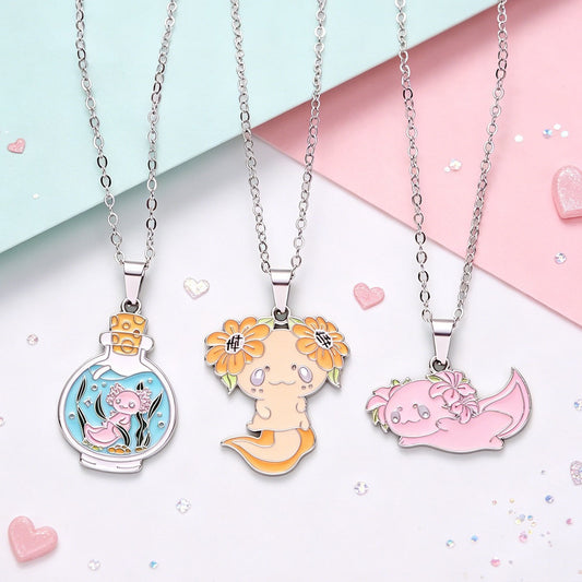 Cute Enamel Axolotl Pendant Necklace
