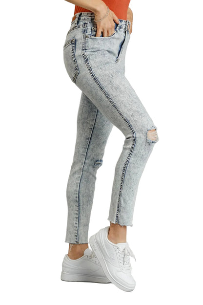 5-Pockets Distressed Detail Stretch Denim Skinny Jeans with Unfinished Hem