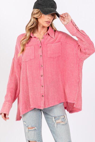 SAGE FIG Frayed Hem Side Slit Button Down Shirt