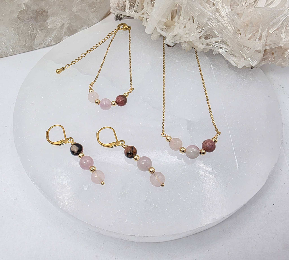 I AM ENOUGH - Kunzite, Rose Quartz, Rhodonite Gem Jewelry Set