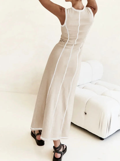 Contrast Stitching Round Neck Sleeveless Midi Dress