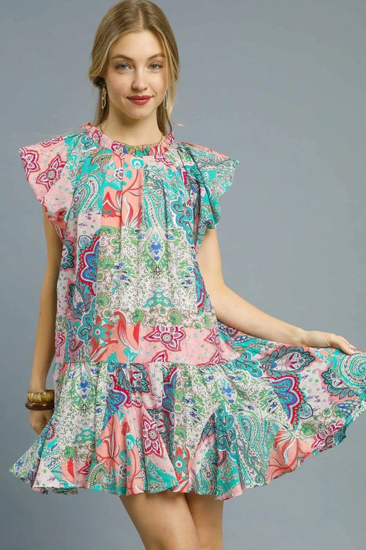 Umgee Printed Ruffle Cap Sleeve Mini Dress