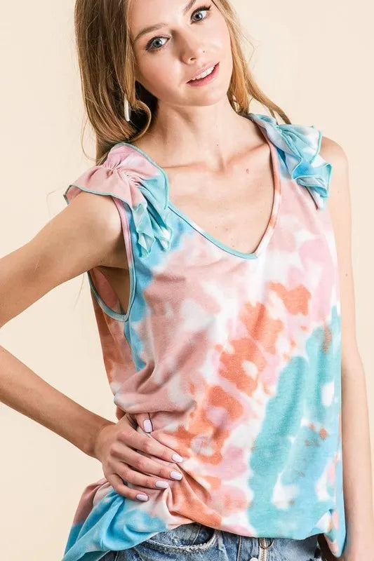 BiBi Circular Tie Dye Knit V Neck Top With Ruffle