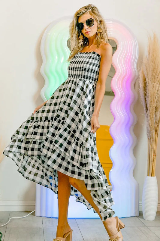 BiBi Smocked Body Off Shoulder Check Dress