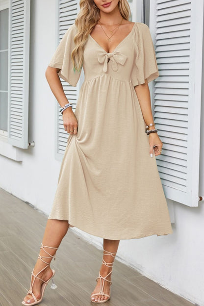 Smocked Tie Front Flutter Sleeve Midi Dress
