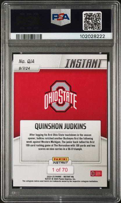 Graded 2024 Panini Instant NIL Quinshon Judkins #QJA Rookie RC Football Card PSA 9 Mint