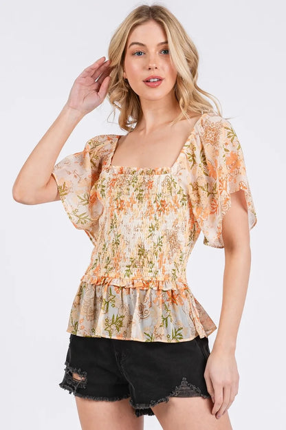 Mittoshop Floral Chiffon Smocked Square Neck Peplum Top