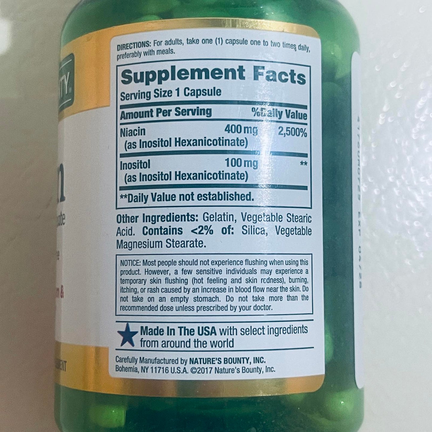 Nature's Bounty Niacin 500mg Dietary Supplement 120 Capsules EXP 4/28