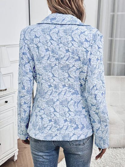 Sky Blue Floral Chenille Blazer - Textured Princess Sleeve Jacket