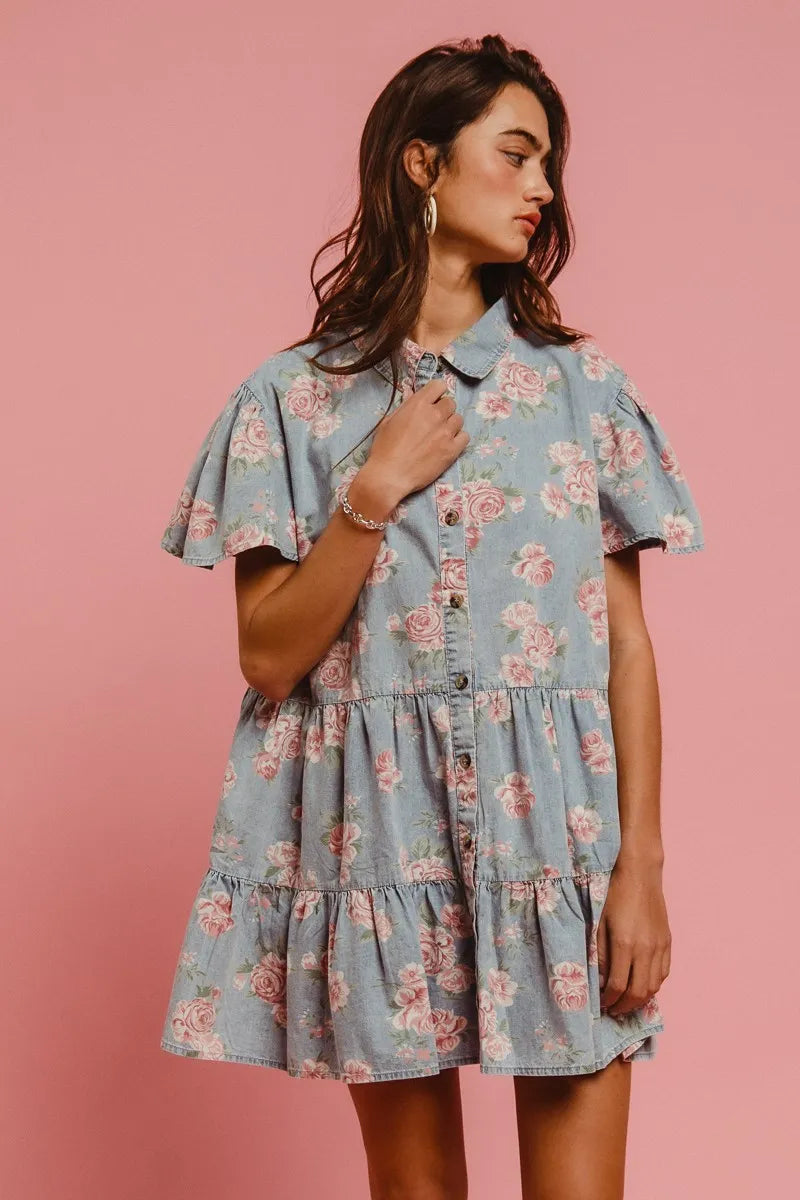 BiBi Floral Print Washed Lightweight Tiered Shirt Dress