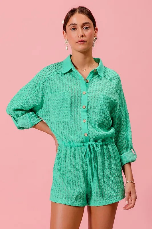 SO ME Textured Knit Button Front Romper