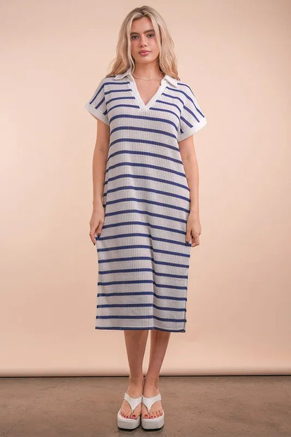 VERY J Oversized Collared Striped Knit Midi Dress