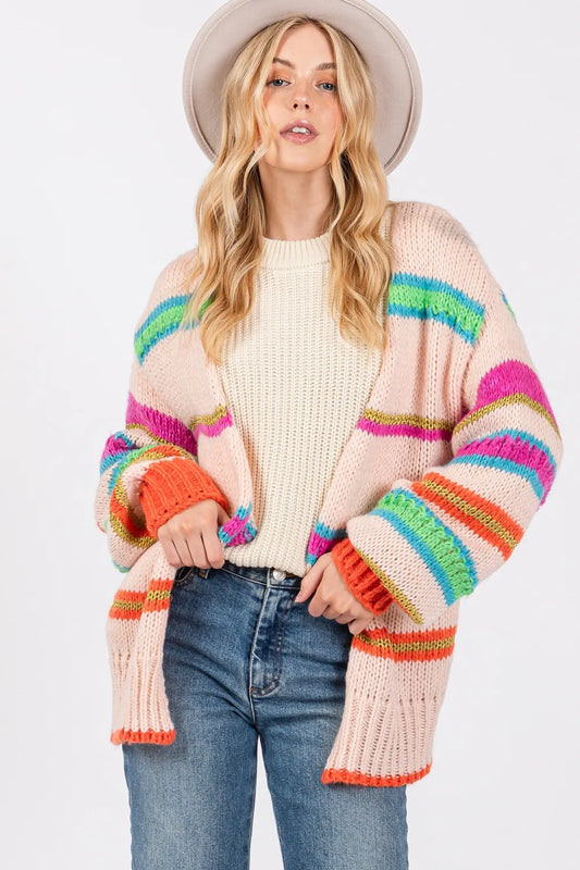 SAGE FIG Rainbow Striped Open Front Knit Cardigan
